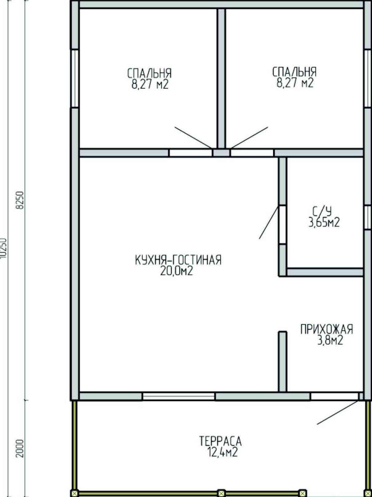 Планировка дома 51,15 м²: две спальни, кухня-гостиная 20 м², санузел, прихожая, терраса