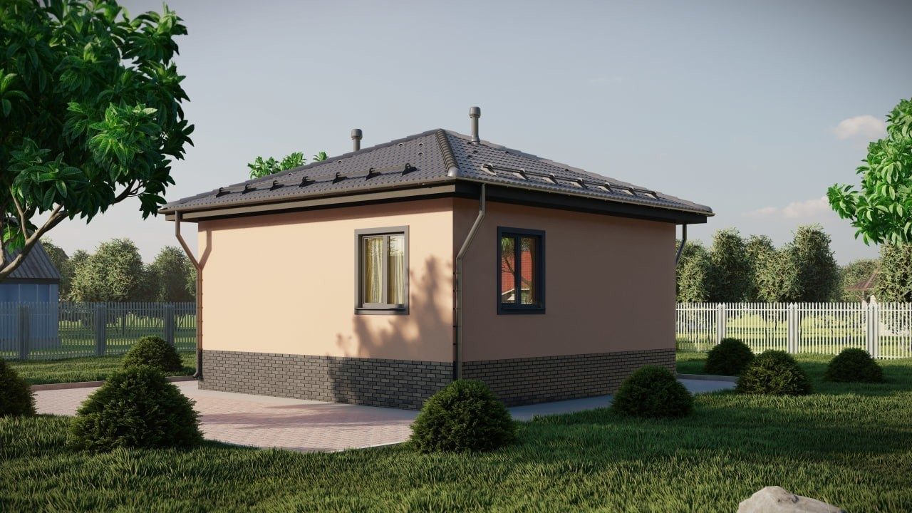 Одноэтажный дом 56,3 м² из СИП-панелей с шатровой крышей